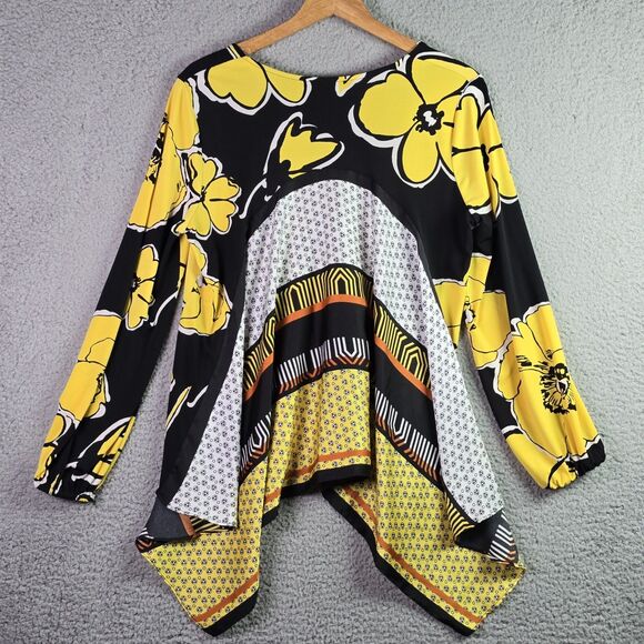 MSK Dopamine Tunic Roomy Yellow Floral Patchwork Jersey High Low Statement Flowy - Picture 12 of 16